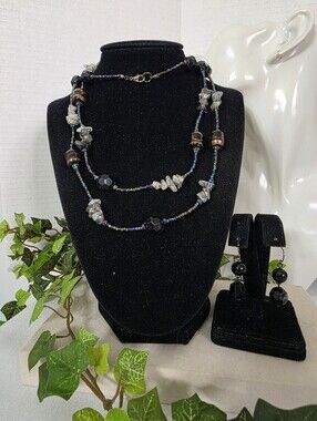 Boho Beaded Long Necklace Set Black & Gold Swirl Glass Tourmalated Quartz Chips